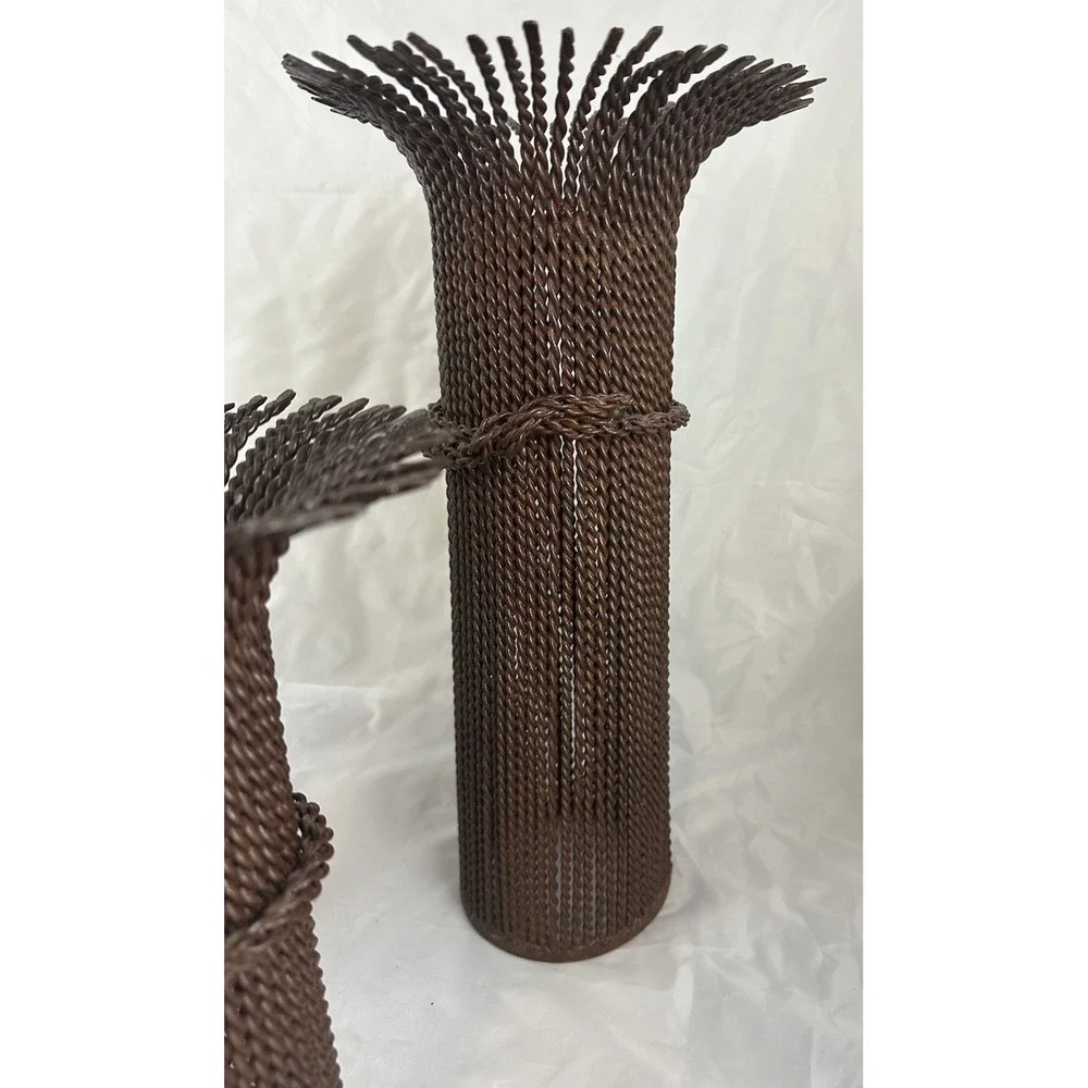 Rustic Metal Wrought Iron Pillar Candle Holder Wheat Stalk Bundles Twisted Heavy